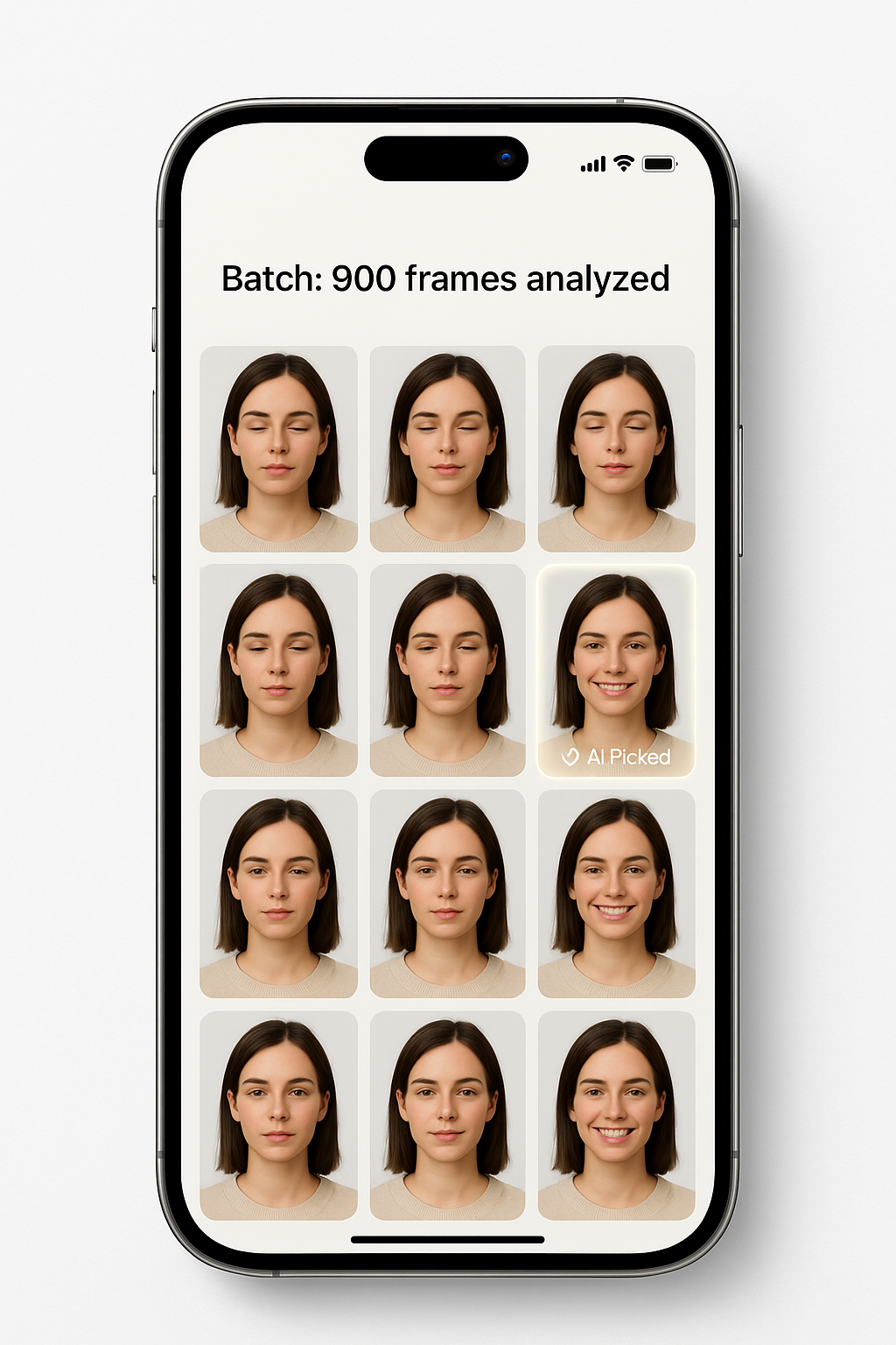 Batch: 900 frames analyzed with AI-picked frames highlighted across multiple sequences