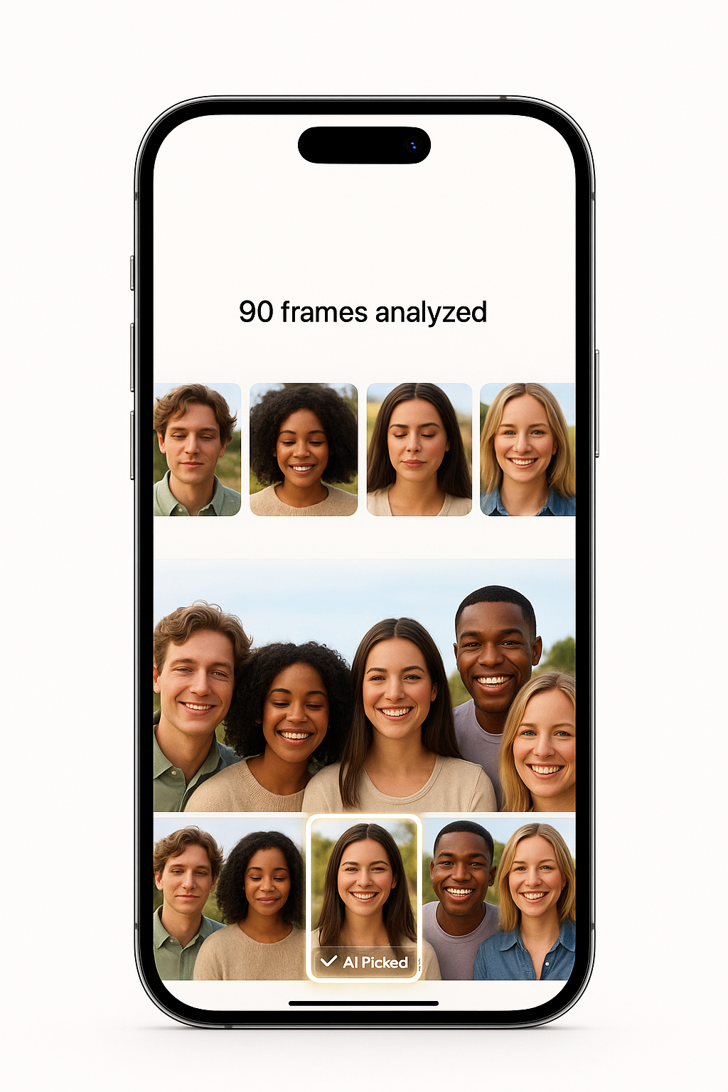 Live Photo sequence of a group; AI highlights the frame where everyone looks good